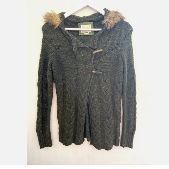 OLD NAVY Green Cable Knit Hooded Cardigan Sweater Fur Trim Wool, Angora Blend S - Picture 1 of 5